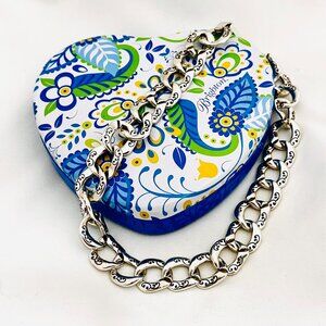 Vintage Brighton Silver Tone Interlocking Etched Scroll Necklace w/Heart Tin